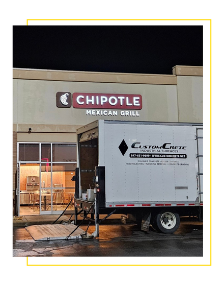 CustomCrete truck in front of a chipotle restaurant 