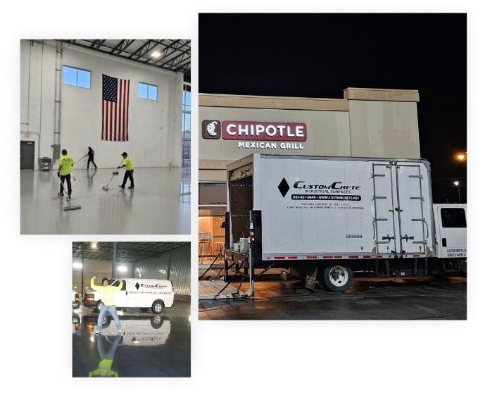 customCrete truck, workers, and van on different jobs in and around Illinois