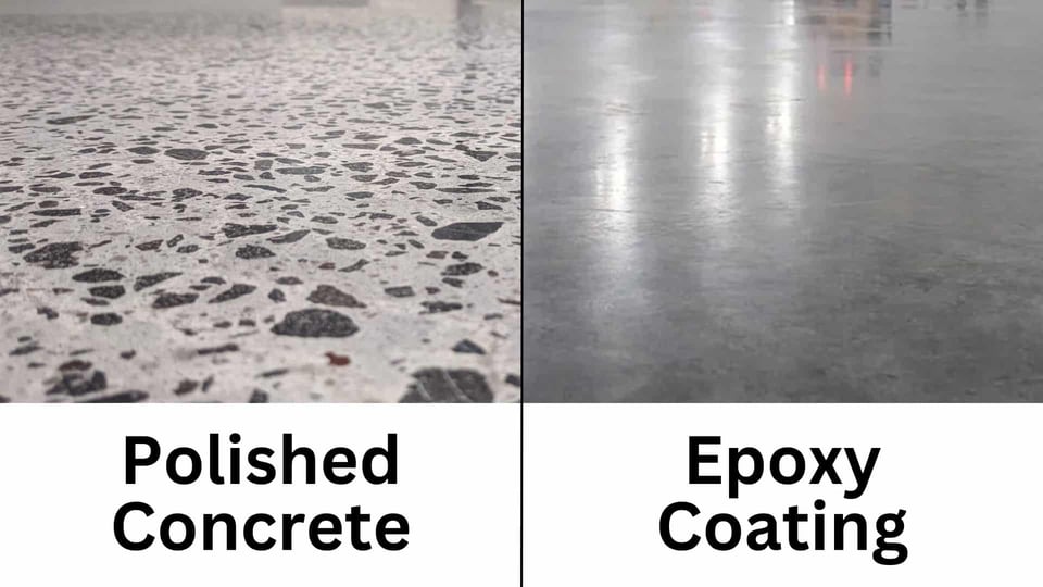 Polished Concrete vs. Epoxy Coating side by side view.