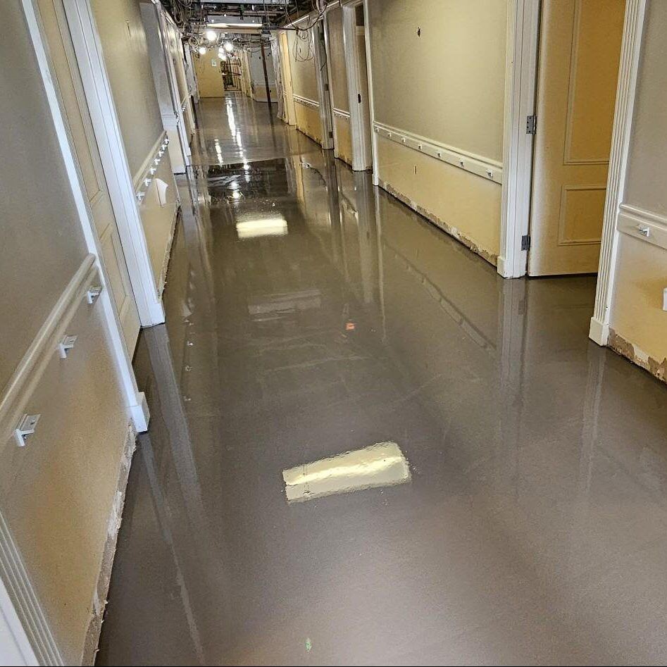 Hallway in a facility in Chicago, Illinois showing Self Leveling solution by CustomCrete