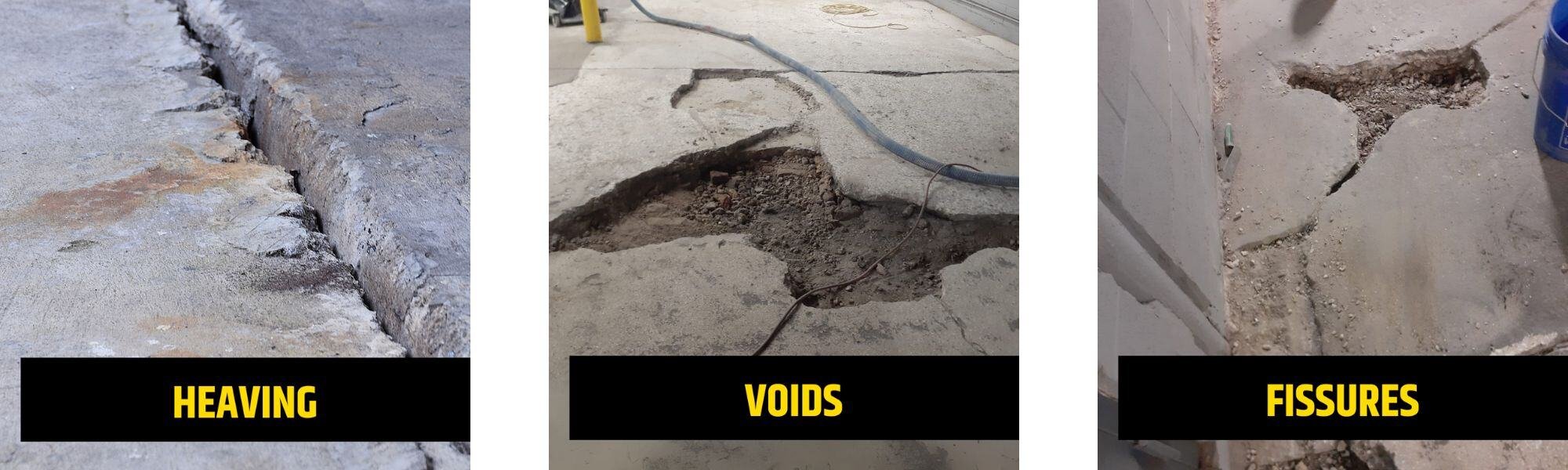 Concrete flooring restoration heaving voids fissures repairs chicagoland