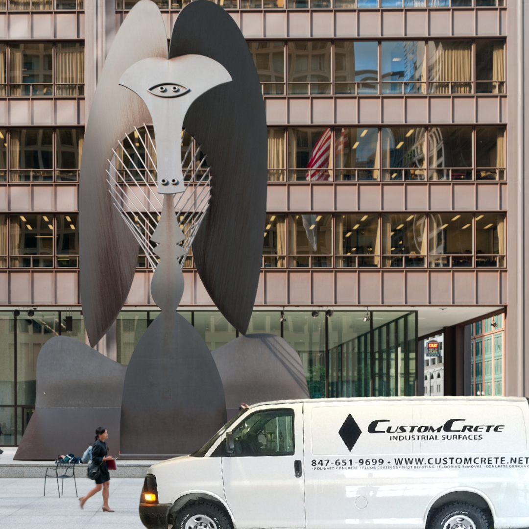 customcrete van in downtown chicago in front of the picasso 